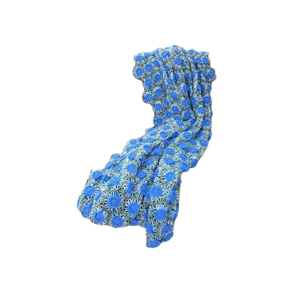 Vtg Hand Crocheted Granny Raised Floral Afghan Blanket Blue Green Large Throw